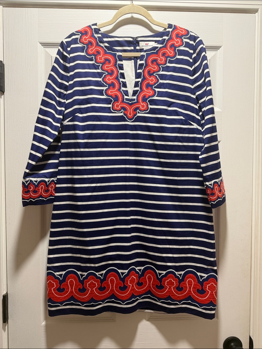 Vineyard Vines Navy and White Striped Long Sleeve Dress with Red Trim
